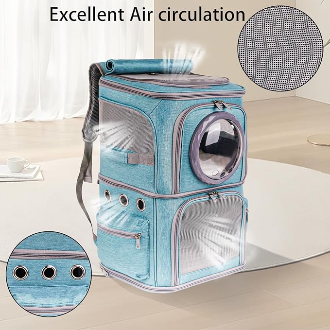 2-in-1 Pet Carrier Backpack for Two Cats or One Dog, Green Double-Layer 2 Compartment Carry Bag to Transport Small Animals Traveling and Hiking, Space Capsule Clear Bubble Dome