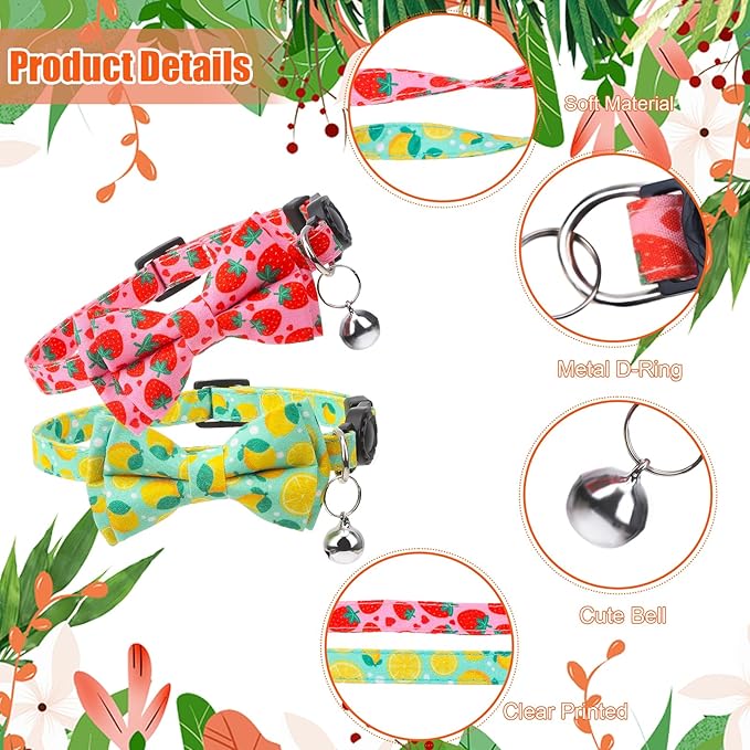4 Pack Cat Collar with Bow Tie and Bell Breakaway Fruit Cat Collars Spring Summer Adjustable Safety Kitten Collar for Boy Girl Cats