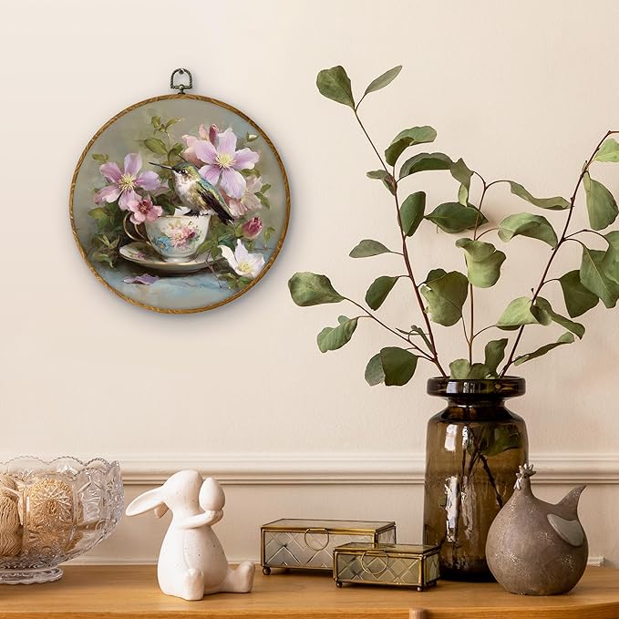 DILSJ Vintage Hummingbird Round Oval Wall Art Decor, Country Flower Bird Canvas Wall Art Framed, Watercolor Hummingbird Hanging Decorations for Home Bedroom Living Room Decor, 10x10 Inch