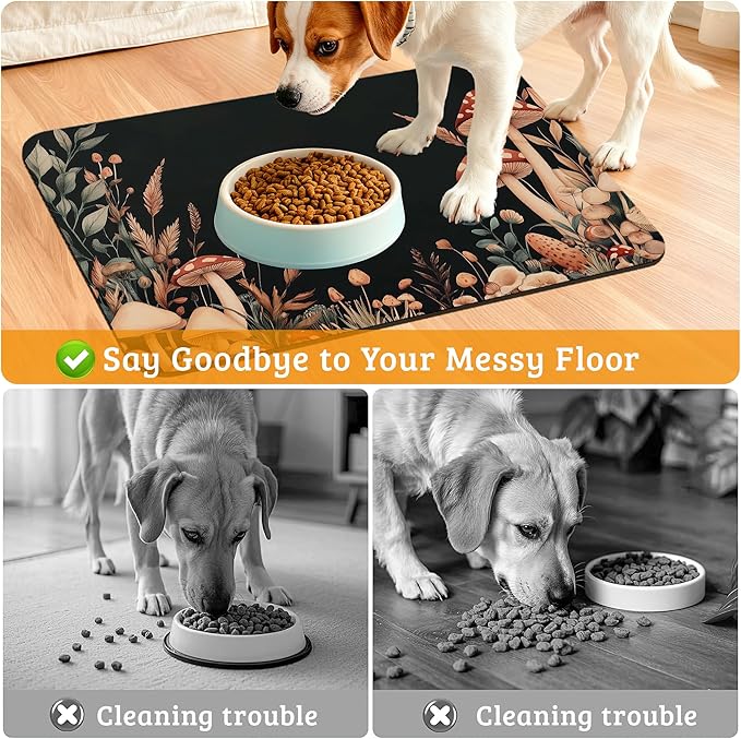 Vintage Mushroom Dog Food Mat,Leaf Absorbent Pet Feeding Mat for Food and Water Bowl,Quick Dry Dog Placemat Non Slip Rubber Backing Waterproof Pet Supplies 12" x 20"