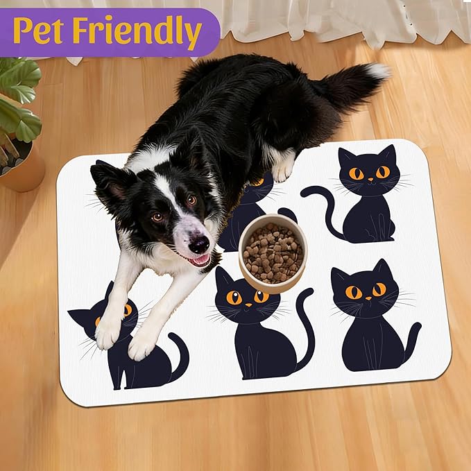 Cute Black Cats Pet Feeding Mat, Absorbent Dog and Cat Bowl Pad, Fast Dry, Non-Slip Back – 16x24 Inch
