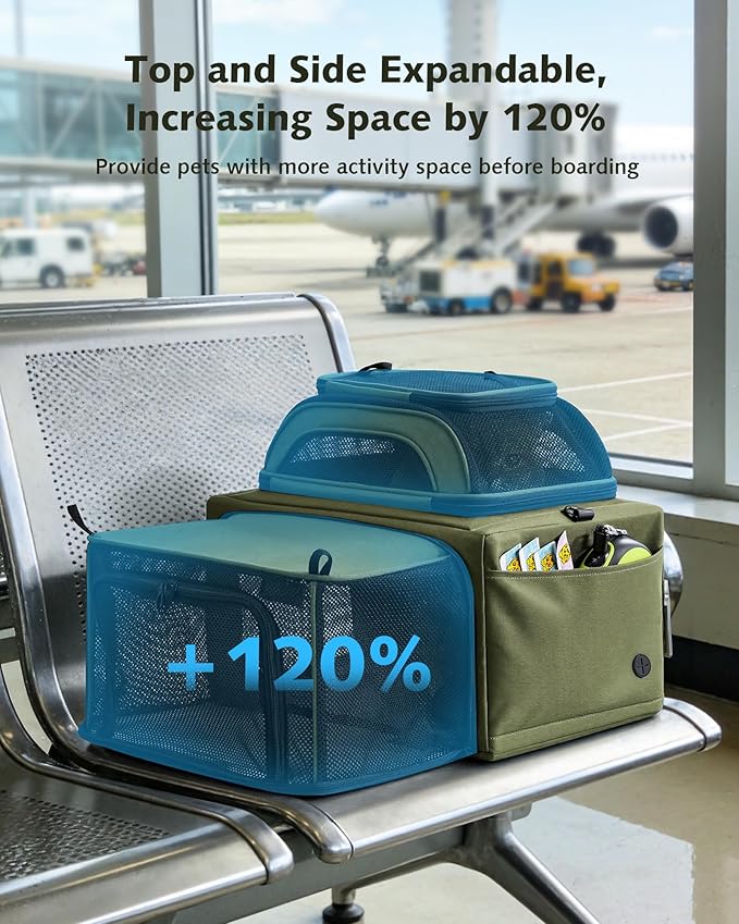 Pecute Top Side Expandable Pet Carrier Airline Approved Dog Cat Carrier, Breathable Soft-Sided with Locking Zippers, Pet Travel Bag for Small Dog Cat Leakproof Pee Pad (Olive Green)