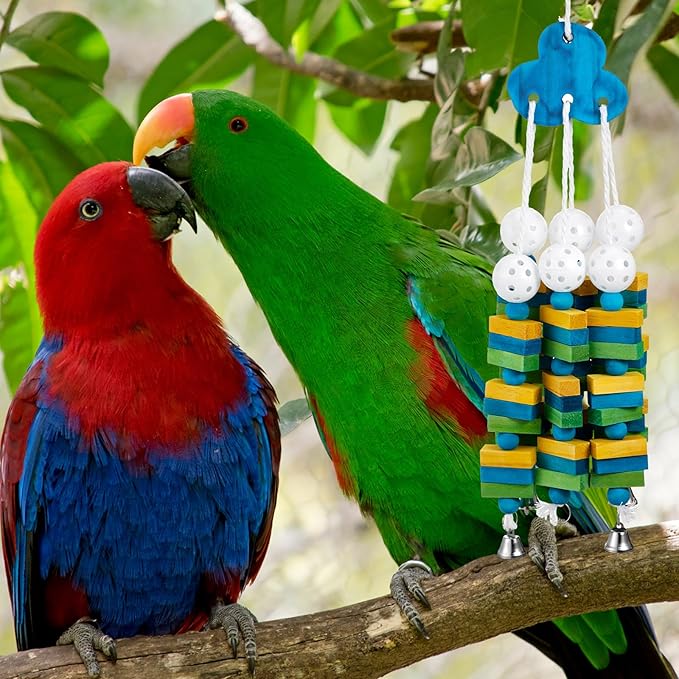 3 Pcs Extra Large Bird Parrot Toy Multicolored Natural Wooden Parrot Cage Chewing Toys for Large Medium Macaws Cockatoos African Grey Birds (Blue Block)