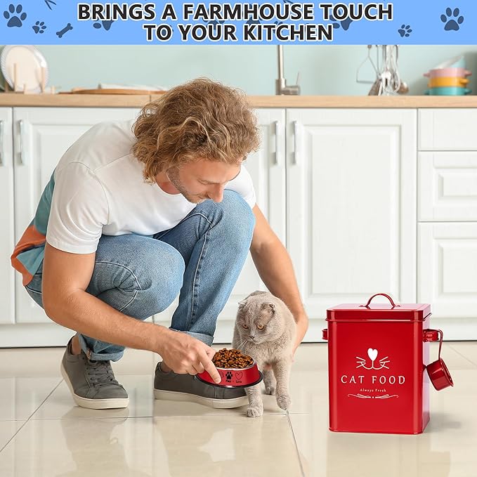 Meraki Home Farmhouse Cat Food and Treats Containers + Feed Scoop + Pet Food Bowl - Tight Lids - Large Metal Storage Bin - Great Gift for Cute Pets (Glossy Red)
