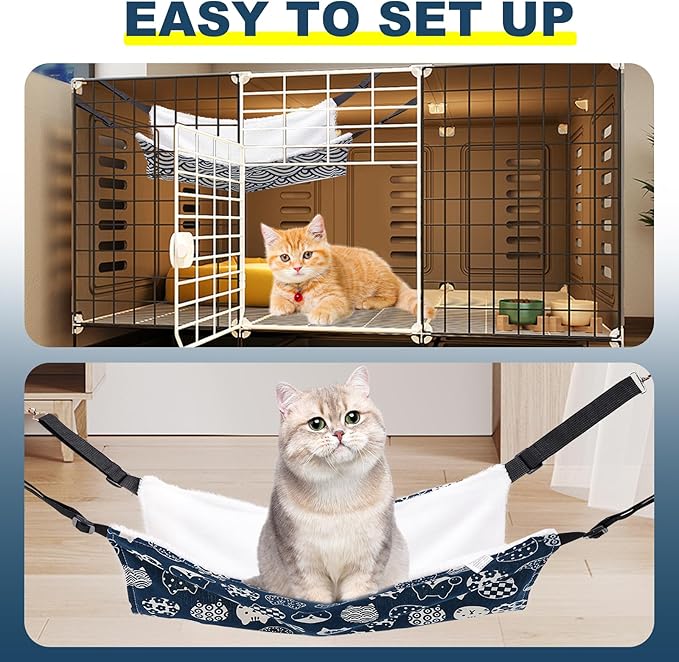 2 Pieces Cat Hammock for Cage Hanging Reversible, Soft Pet Cage Hammock with Adjustable Straps, Double Hammock Suitable for Cats, Puppy, Ferrets, and Small Animals (M, CAT) ﻿