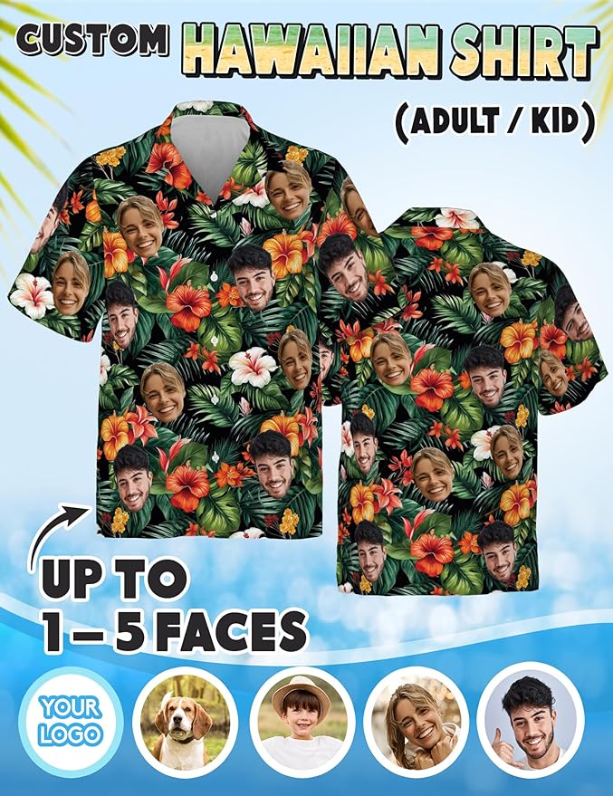 Custom Hawaiian Shirt with Face Photo Picture for Men Women Kids Youth Adult, Tropical Personalized Hawaiian Shirts Gift
