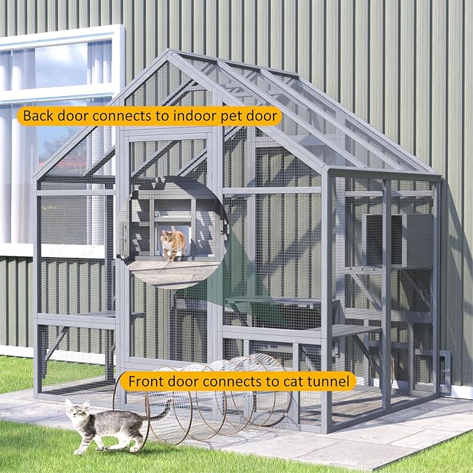Cat Catio - Large Outdoor Catio Enclosure with 7 Tiered Platforms & 2 Premium Resting Boxes, Weatherproof Cat Cage with UV-Resistant Cover, Spacious Cats Enclosure for Multi-Cats(71"x49"x71")