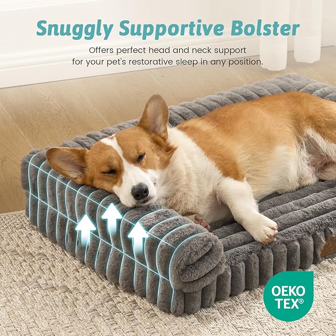 Cute Dog Bed for Small Dogs, Faux Rabbit Fur Orthopedic Foam Dog Bed with Sides, Removable Washable Cover & Waterproof Lining, Comfortable Pet Couch, Grey (30" L x 20" W x 6" Th)