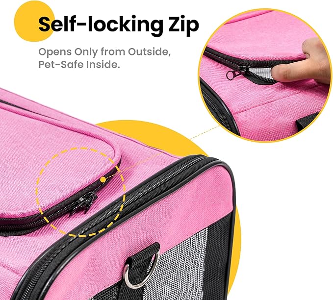 Dog Carrier Soft Sided, Large Cat Carrier with Inner Safety Leash, Pet Transport Carrier for Large Cats and Medium Dogs up to 20 Lbs, Collapsible Travel Puppy Carrier Bag -Pink L