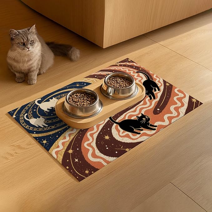 Pet Feedings Mats 20x12 inch Black Cat Design Pet Bowl Placemat Non Slip Mat for Cats Food and Water Indoor Kitty Feeding Station Artistic Cats Meal Mat for Small Pets Kitchen Floor Use