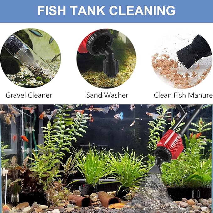 Aquarium Gravel Cleaner Siphon Kit, 6 in 1 Automatic Fish Tank Cleaning Tools Electric Removable Vacuum Water Changer for Changing Water/Removing Detritus/Washing Sands