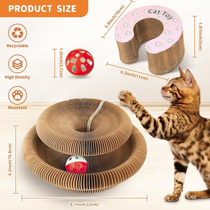 Collapsible Cats Cardboard Scratcher, Interactive Cat Toys for Indoor Cats, Scratch Pad Shape Shifting Ball Track with Bell, Magic Organ Cat Toy for Chase & Scratch Paw Easter Toys for Kitties Pink