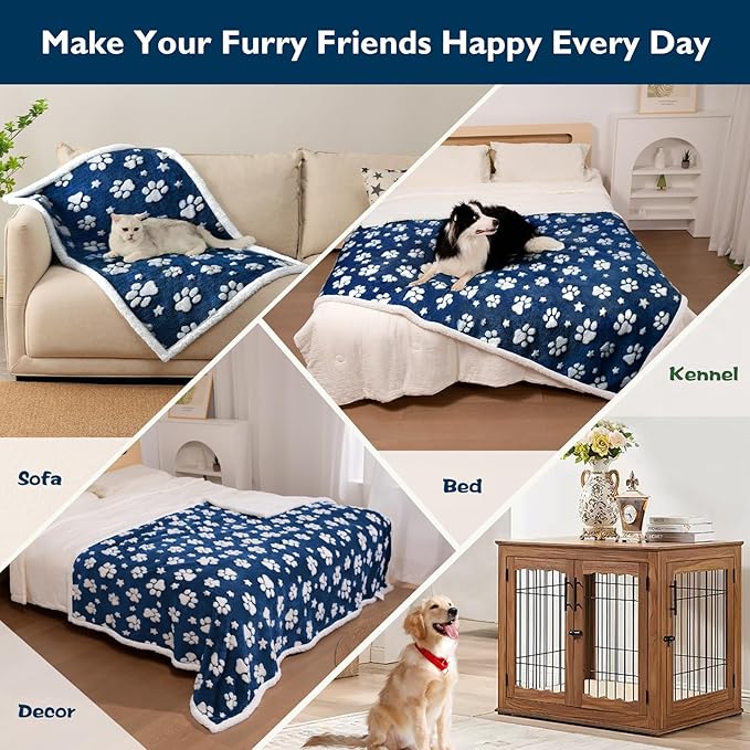 Waterproof Blanket for Dog Puppy Cat, Cute 3D Textured Paw Dog Blanket for Bed Couch Sofa, Soft Liquid Pee Proof Pet Furniture Protector, 30"x40", Navy Blue