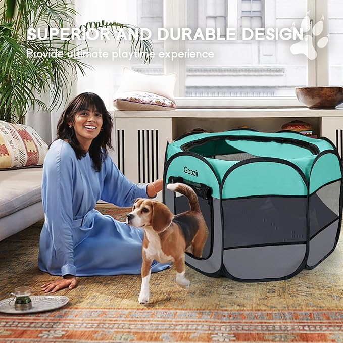 Pet Cat Playpen for Indoor Cats Enclosed, Puppy Dog Play Pen for Outdoor Travel Camping (Small Size, Green & Dark Grey)