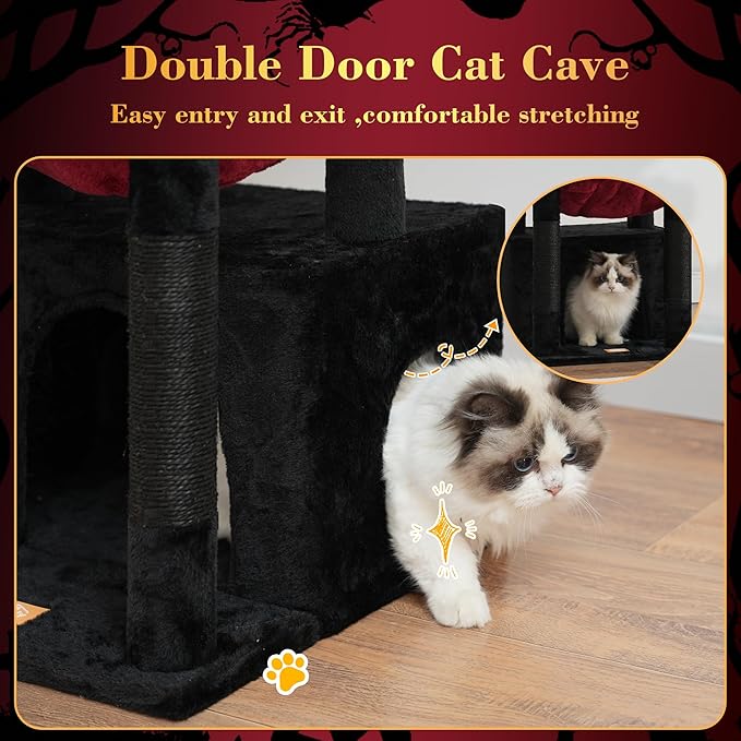 Heybly Cat Tree, Kitten Tower with Large Soft Cat Basket, Cat Condo with Spacious Cat Bed Cave with Hidden Space, Sisal-Covered Scratching Posts, Dangling Ball for Indoor Cats, Black and Red HCT008SBR