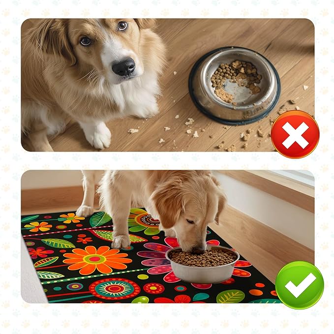 Vibrant Flower Pattern Pet Food Mat Spill-Proof Cat Feeding Mats Non-Slip Mat for Dog Food and Water Bowls Trendy Easy Clean Fast Dry Cat Food Mats for Indoor Cats 20" x 12"