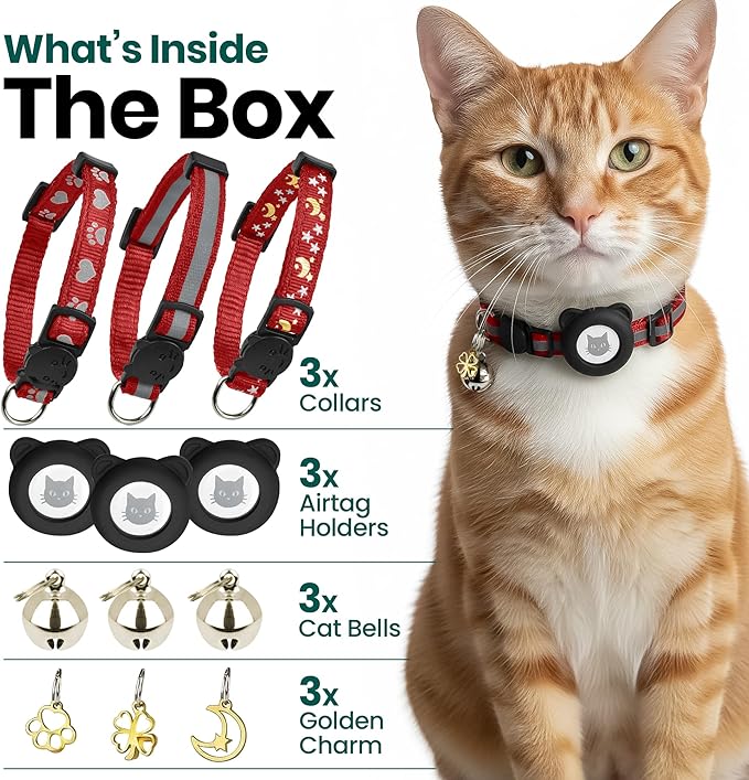 Cat Collar with AirTag Holders, 3-Pack, Reflective Breakaway Safety Collars, Bells and Matching Charms, Adjustable, Paw Hearts, Moon Stars Design, Lucky Charm, Red