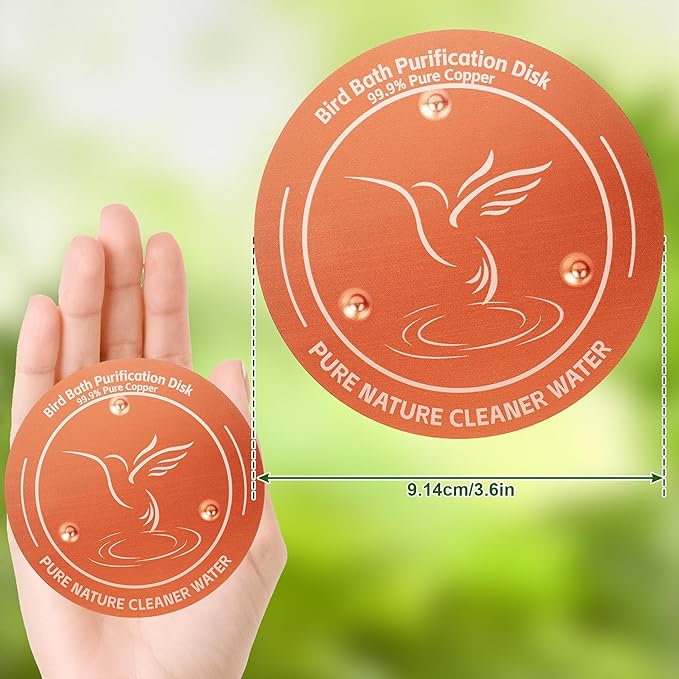 2 Pack Bird Bath Copper Disk, 99.99% Pure Copper Purification Disk - Physical Safe Clean Water All-Season, Bird-Safe for Outdoor Baths, Solar Fountains, Concrete Bowls (3-Point Support)