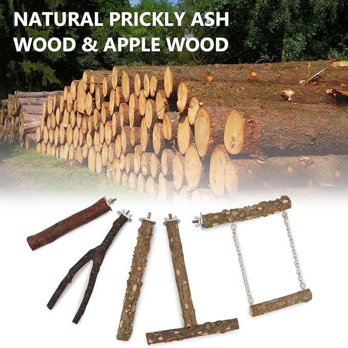 Hypeety Natural Wood Bird Perch for Parakeets 5PCS Perches for Cage Parrot Hanging Swing Bird Fork Perches Easy Install Chew Toys for Small Birds Cockatiels Conures Budgies Lovebirds Parakeets