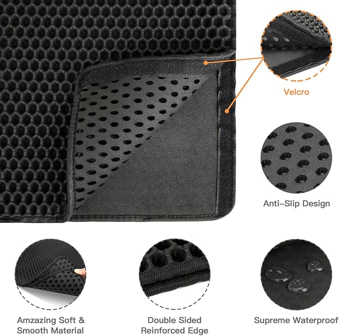 Cat Litter Mat-30"X24" Large Litter BoxTrapping Mat for Kitty EVA Honeycomb Double Layer Design, Urine & Waterproof with Handle Design Easier to Clean, Washable, Black