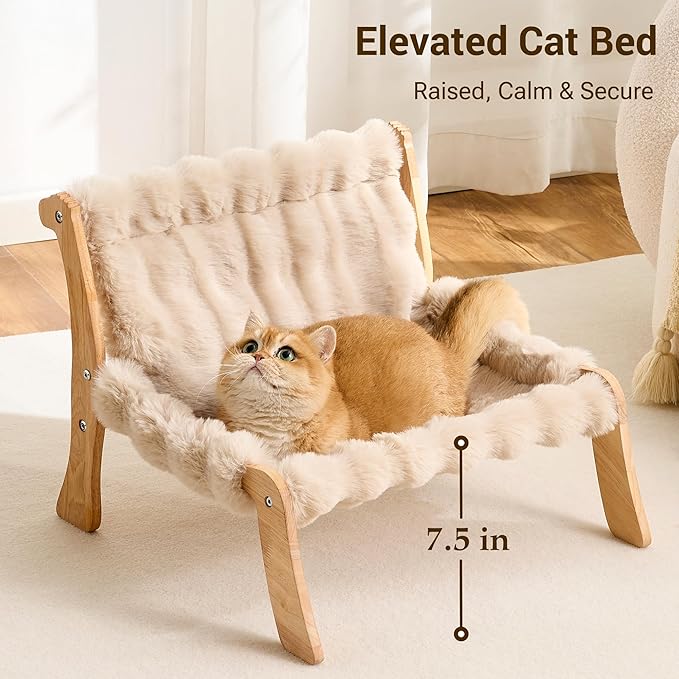 Solid Wood Cat Couch Bed for Indoor Cats, Modern Cat Sofa with Ultra-Soft Plush Surface Washable, Reclined Backrest, Elevated Plush Cat Lounge for Small to Adult Cats, Soft Khaki