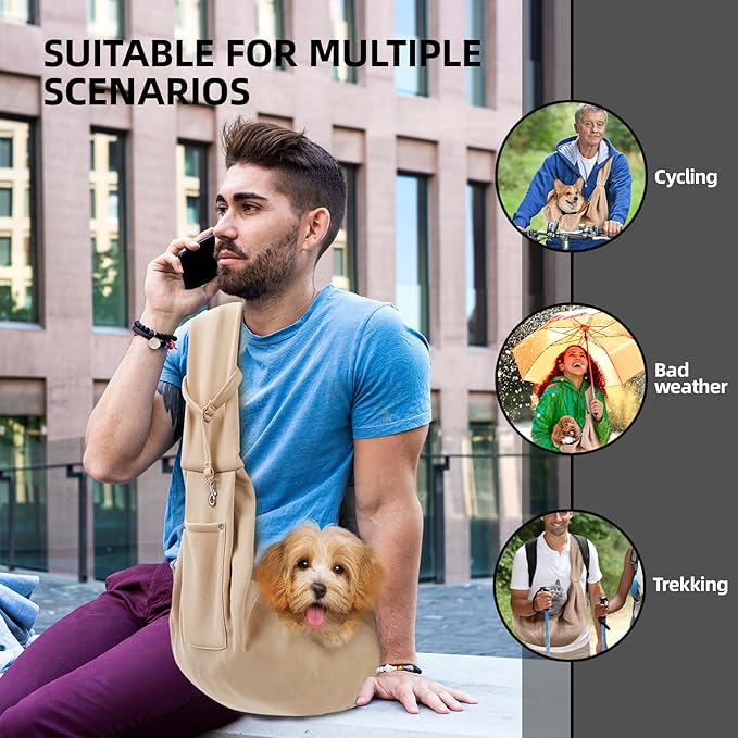 Dog Carrier Sling - Reversible Puppy Carrier Purse with Storage Pocket, Hand-Free Dog Sling Carrier for Carry Small Dogs and Cats, Travel Safety Harness, Dog and Cat Harness (Apricot)