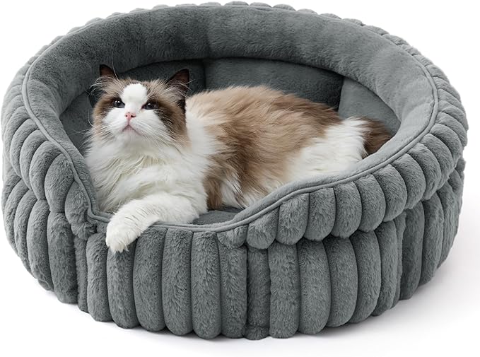 Bedsure ComfyFleece™ Cat Bed, Washable Round Cute Cat Beds for Indoor Cats, Super Soft Corduroy Pet Bed for Puppy and Kitten with Anti-Slip Bottom, 23''x23''x8.5'', Warm Gray