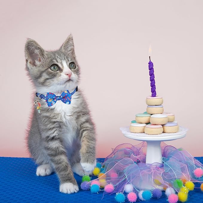 ADOGGYGO Birthday Cat Collars with Bow Bell, Breakaway White Blue Happy Birthday Bowtie Collars for Cats Kittens