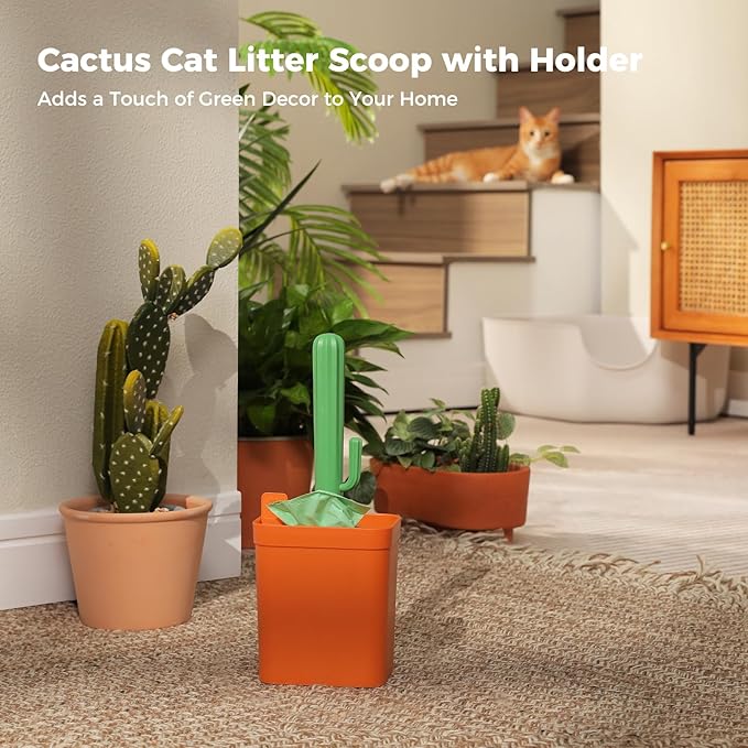Cactus Cat Litter Scooper with Holder - 2 Replaceable Wheat Straw Plastic Shovels & ABS Handle and Box - Cat Litter Scoop with Bag & Trash Bag Storage - Premium Kitty Litter Scoop Green