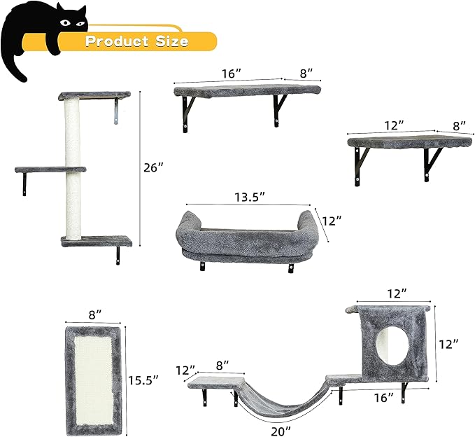 NUNU LAB Wall Mounted Cat Furniture Set - 6 Pcs Climber Set with House, Bridge, Steps, Scratcher Board - DIY Walls Playground, Indoor Cat Shelves - Dark