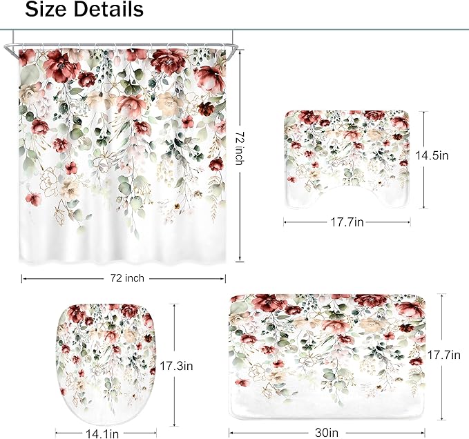 4 PCS Red Burgundy Floral Flower Shower Curtain Set 72Wx72H Inch Watercolor Pastel Complete Bathroom Set Non-Slip Bath Rug Toilet Lid Cover and U Shape Mat Accessories 12 Hooks Bathoom Decor