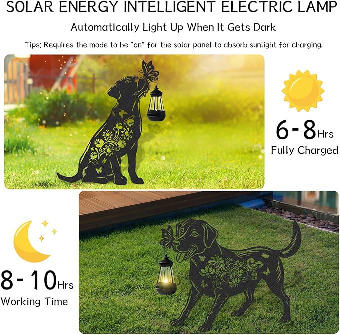 Solar Lights Garden Decor - 2 Pcs Metal Dog Statues Outdoor Decorative Yard Stakes with Lantern Waterproof Patio Lawn Pathway Ornaments Christmas Decorations Gifts for Women Animal Lover