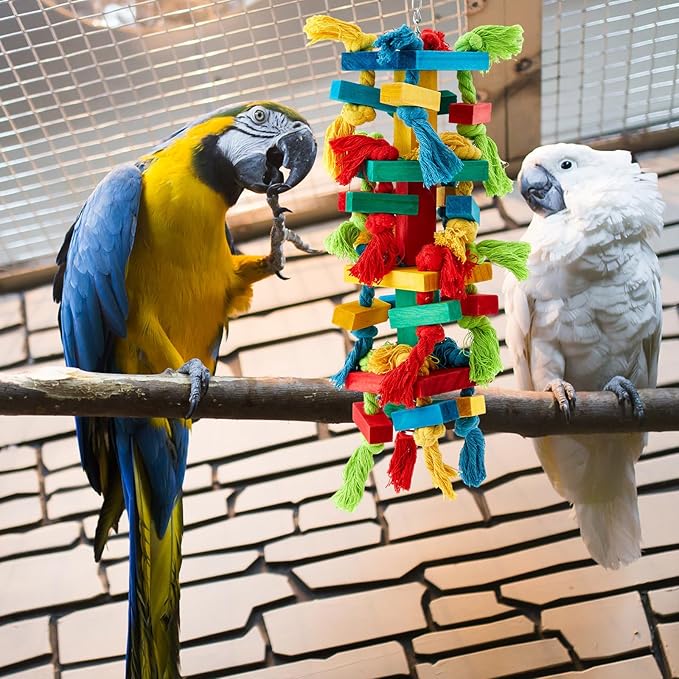 4 Pcs Extra Large Bird Parrot Toy Multicolored Natural Wooden Parrot Cage Chewing Toys for Large Medium Macaws Cockatoos African Grey Birds (Block and Ball)