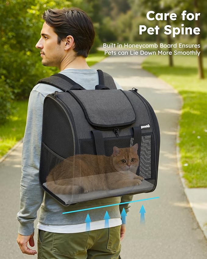 Pecute Cat Backpack with Widened Interior Space, Upgraded Dog Backpack Carrier with Various Ways to Carry, Pet Backpack with Breathable Mesh, Pet Travel Carrier with Soft Padded,Dark Grey