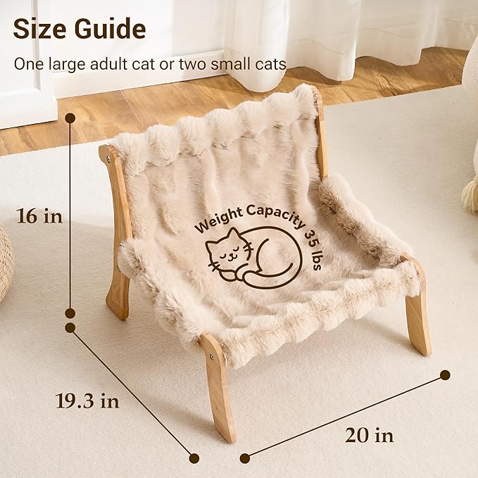 Solid Wood Cat Couch Bed for Indoor Cats, Modern Cat Sofa with Ultra-Soft Plush Surface Washable, Reclined Backrest, Elevated Plush Cat Lounge for Small to Adult Cats, Soft Khaki