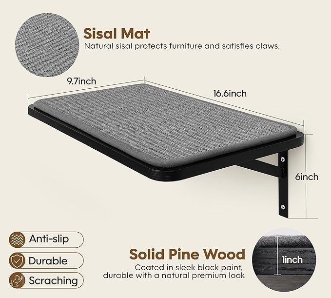 Cat Wall Shelf Window Perch, Cats Bed Hammock with Scratching Pad, Cat Shelf for Climbing Sleeping Playing,Black Furniture for Indoor Large Cats