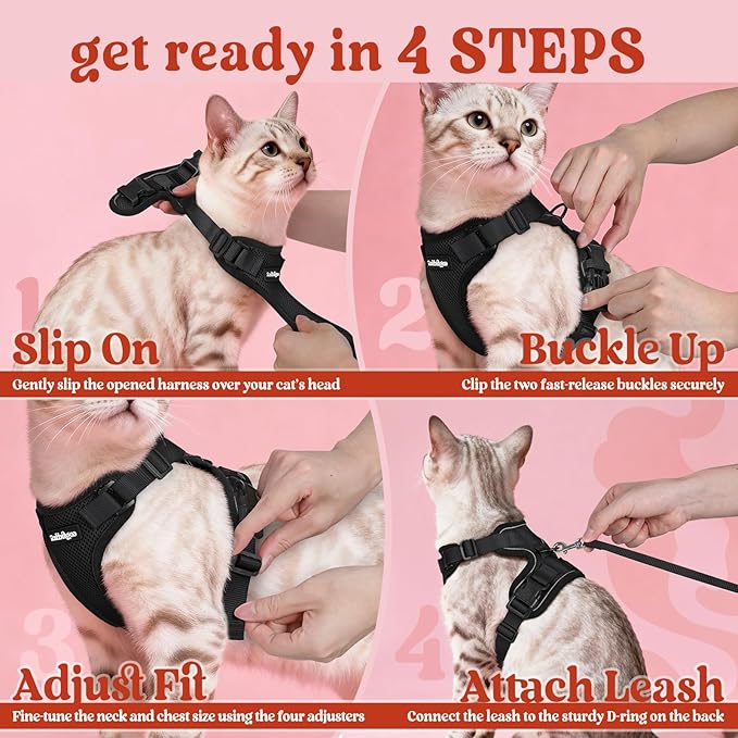 rabbitgoo Cat Harness and Leash for Walking, Escape Proof Soft Adjustable Vest Harnesses for Cats, Easy Control Breathable Reflective Strips Jacket, Black, XS