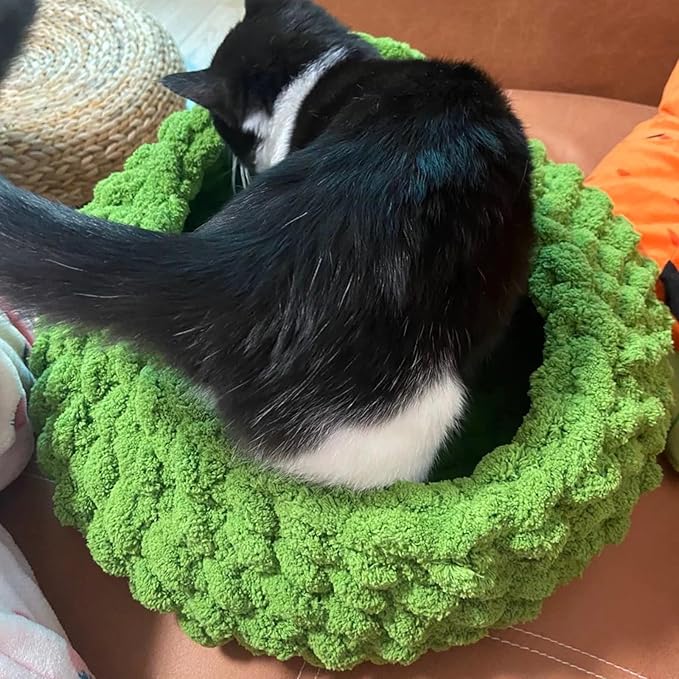 Cat Nest Bed - Premium Self Warming Handwoven Washable Extra Soft Round Cave House for Indoor Kitten & Kitty, Small & Large (DGreen,Large)