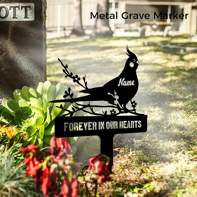 Personalized Cockatiel Memorial Stake – Custom Pet Parrot Bird Grave Marker Metal Tombstone, Outdoor Garden Sign, Cockatiel Remembrance Plaque for Graveside or Yard Sympathy Sign Decor, Pet Loss Gifts