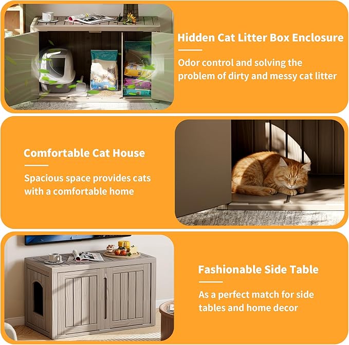 Cat Litter Box Enclosure,Multi-Functional Hidden Litter Box Furniture Cabinet with Adjustable Partition & Side End Table, Indoor Outdoor Cat House with Double Doors,Easy to Clean & Assemble, Gray