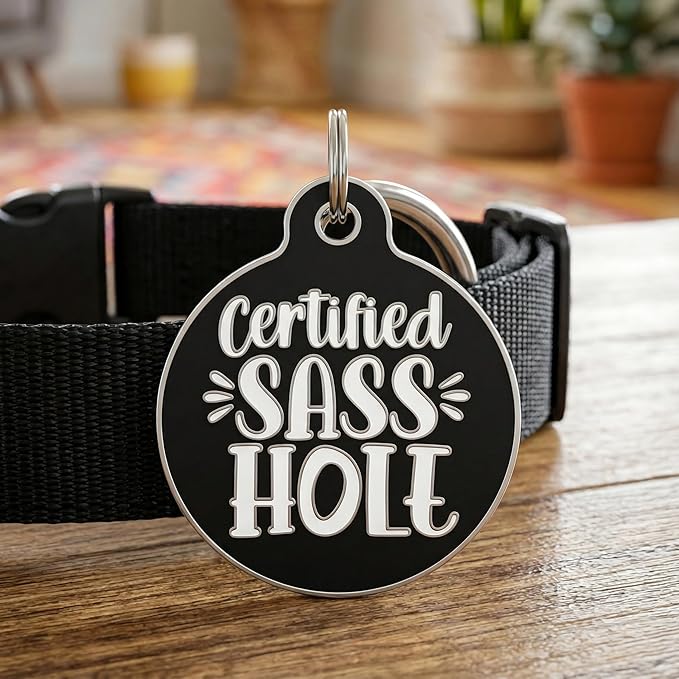 Bad Tags Personalized Dog and Cat ID Tags in 25+ Designs and 2 Sizes - 5 Lines of Custom Engraved Text - Funny Cute Personalized Pet Tags (Certified Sass Hole, Small (1 inch))