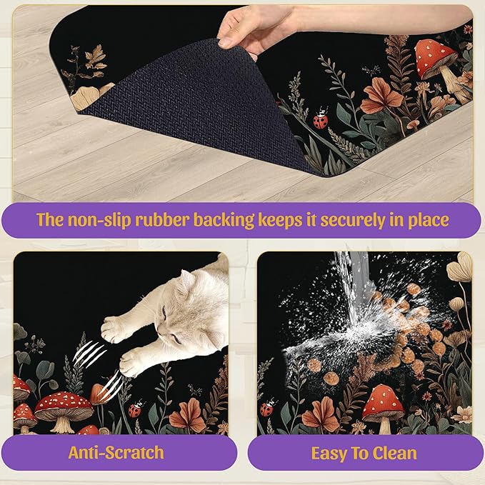 Vintage Mushroom Flower Pet Feeding Mat, Absorbent Dog Cat Bowl Pad, Fast Dry, Waterproof Rubber Back – 12x20 Inch