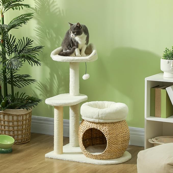 PawHut 31" Cat Tree, Cat Tower for Indoor Cats with Sisal Scratching Posts, Cat Condo, Cat Beds, Platform and Toy Ball, Cat Activity Center, Cream White