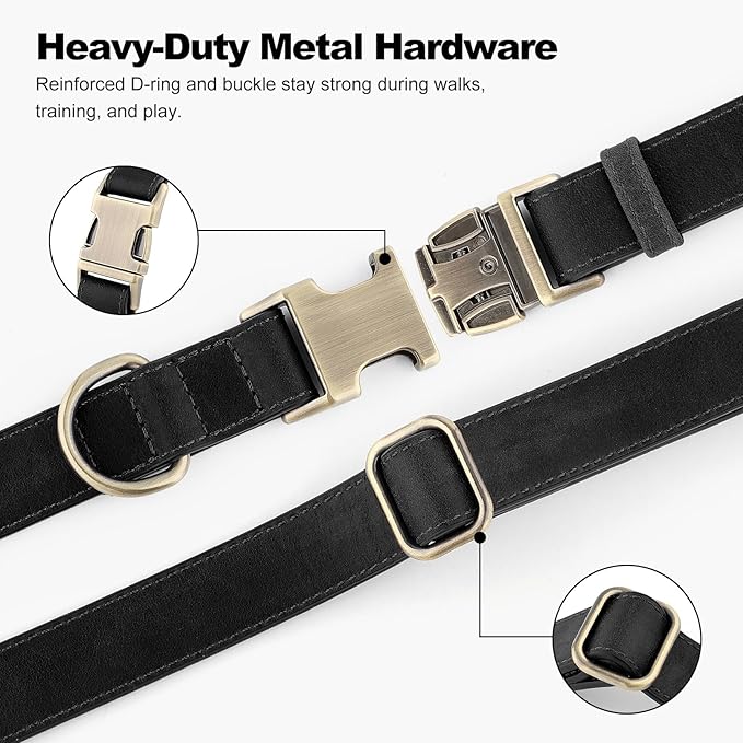 Plutus Pet Genuine Leather Dog Collar – Adjustable Pet Collar with Quick Release Metal Buckle, Soft Real Leather for Small Medium Large Dogs, Heavy Duty & Skin-Friendly (Black, M)