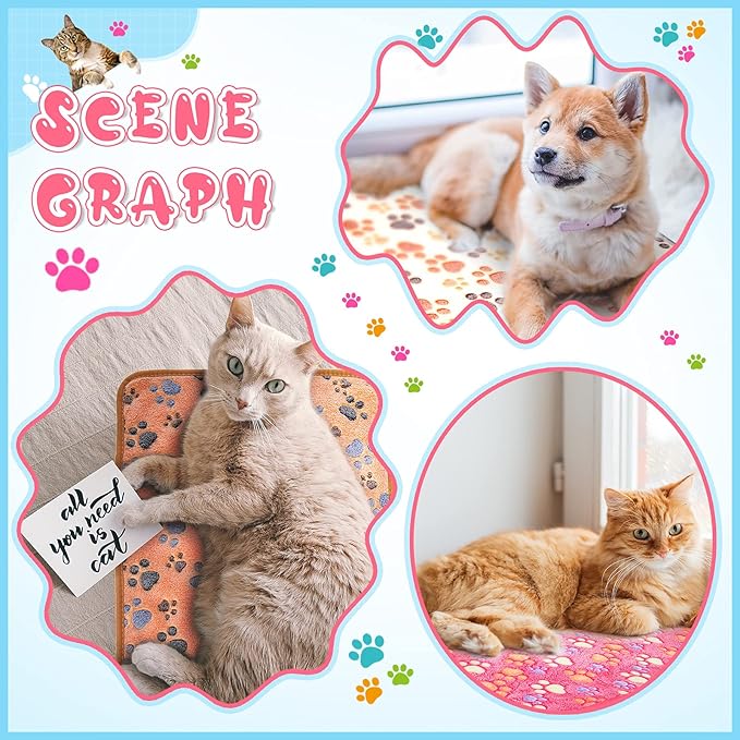 Tatuo 4 Pcs Dog Blanket for Pet Cat Blankets Indoor Puppy Teething Stuff Toys Paw Print Fleece Soft Blanket Sleep Mat for Guinea Pig Cage(Pink,Medium(30 x 20.5 Inch),Square)