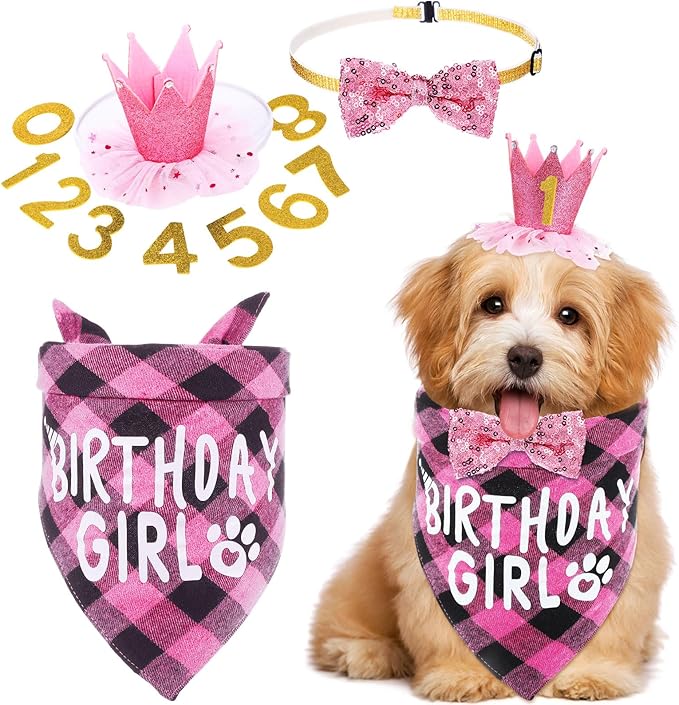 Weewooday Dog Birthday Party Supplies Birthday Boy Girl Cake Bandana Triangle Scarf Party Hat Dog Bow Tie Collar with Numbers for Large Medium Small Dog Puppy 1st Birthday(Novel Style,Medium)