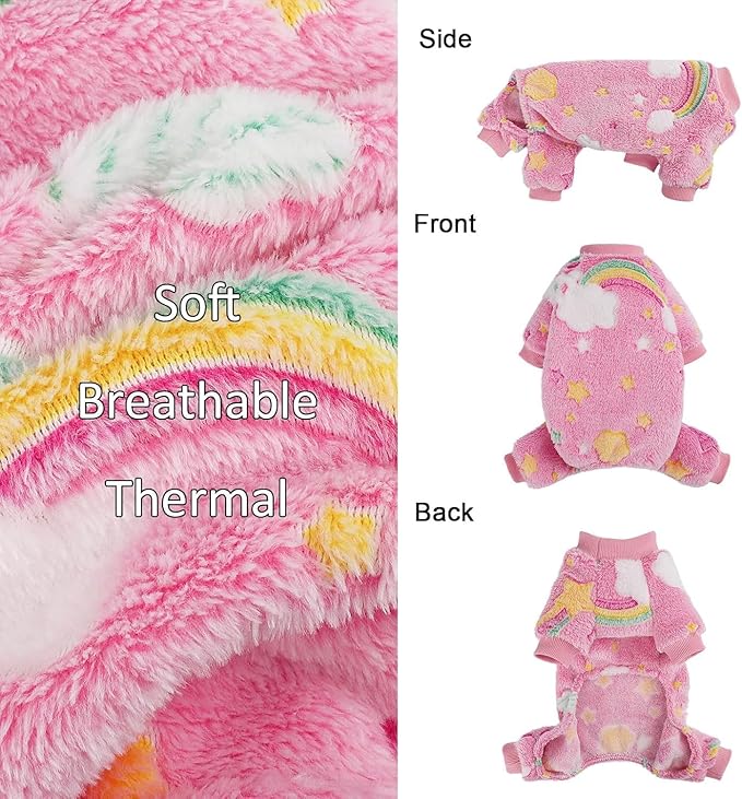 Dog Sweaters Small Girl Warm Fleece Pajamas, Cute Extra Small Dog Clothes, 4 Legs Puppy Jumpsuit Pjs Soft Stretchy Doggie Onesies Pet Outfit Apparel for Chihuahua Yorkie, Rainbow Pink, XXXS