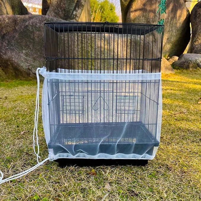 Allazone Bird Cage Seed Catcher, Large Bird Cage Cover, 75-118'' Universal Adjustable Birdcage Cover Skirt Soft Airy Nylon Mesh Net for Parakeet Macaw African Round Square Cage, White