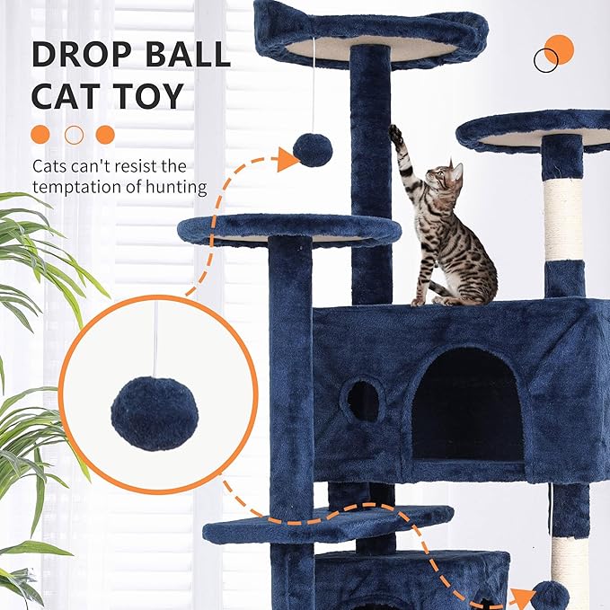 Cat Tree for Indoor Cats, Multi-Level Cat Tower with Scratching Posts & Cozy Condo, Space Saving Cat Activity Center, Durable Pet Play House (54in,Navy Blue)