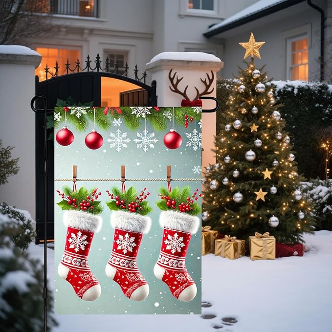 Christmas Garden Flag Three Stockings Winter Garden Flag 12x18 Inch Double Sided Outdoor Decoration for Holiday Season Yard Porch Lawn Display Festive Snowflake Banner